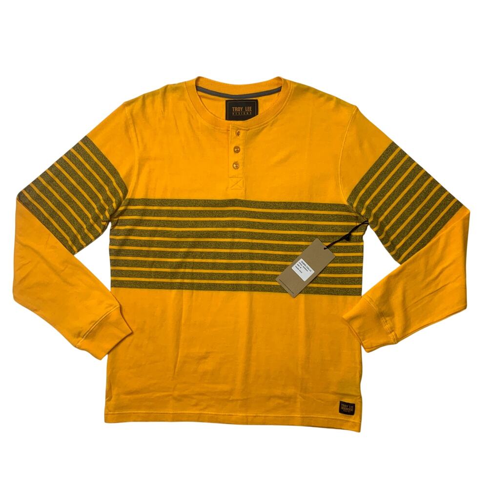 Troy Lee Designs Shirt Mens M Medium Gold Gray Cotton Long Sleeve Henley Striped